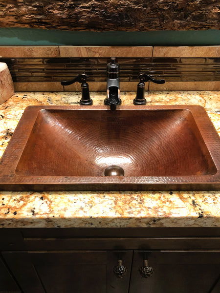 Rectangular Raised Profile Bathroom Copper Sink with 2