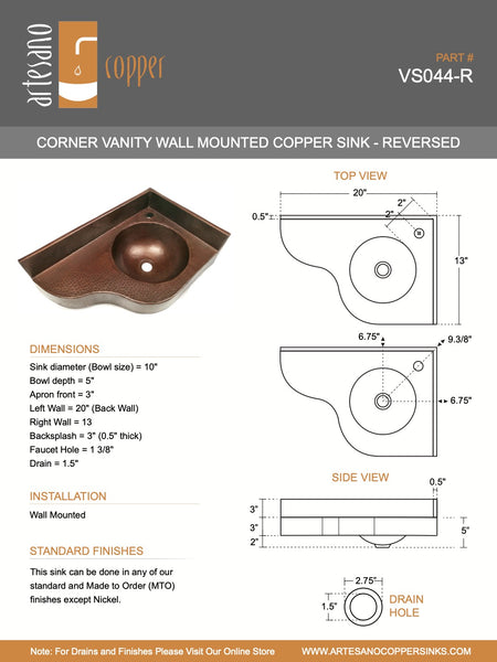 Corner Vanity Wall Mounted with integrated 10" Round Sink and 3" Apron in Natural - Left Wall = 20", Right Wall = 13" - VS044NAR (Reversed)