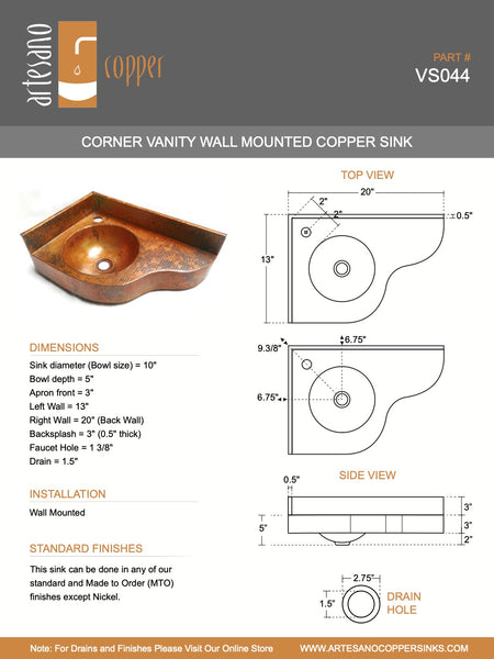 Corner Vanity Wall Mounted with integrated 10" Round Sink and 3" Apron in Cafe Viejo. Left Wall =13", Right Wall = 20" - VS044CV