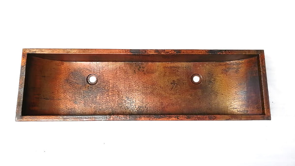 CONDO |  Trough Undermount or Drop-In Dual Bathroom Copper Sink in Natural finish with 1.0" Flat Rim - 46 x 14 x 6" - Thick Gauge 14 - Extra Large - COPPER ALCHEMY
