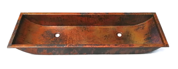 CONDO |  Trough Undermount or Drop-In Dual Bathroom Copper Sink in Natural finish with 1.0" Flat Rim - 46 x 14 x 6" - Thick Gauge 14 - Extra Large - COPPER ALCHEMY