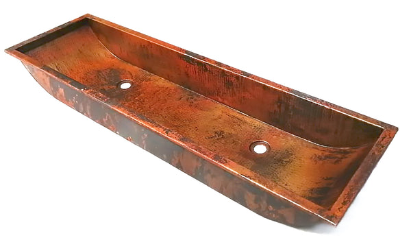 CONDO |  Trough Undermount or Drop-In Dual Bathroom Copper Sink in Natural finish with 1.0" Flat Rim - 46 x 14 x 6" - Thick Gauge 14 - Extra Large - COPPER ALCHEMY