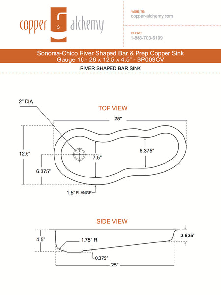 SONOMA CHICO | River Shape Under Mount Bar Copper Sink with 1.5" Rim - 28 x 12.5 x 4.5" - Gauge 16 - COPPER ALCHEMY