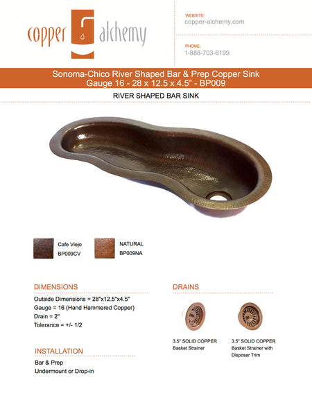 SONOMA CHICO | River Shape Under Mount Bar Copper Sink with 1.5" Rim - 28 x 12.5 x 4.5" - Gauge 16 - COPPER ALCHEMY