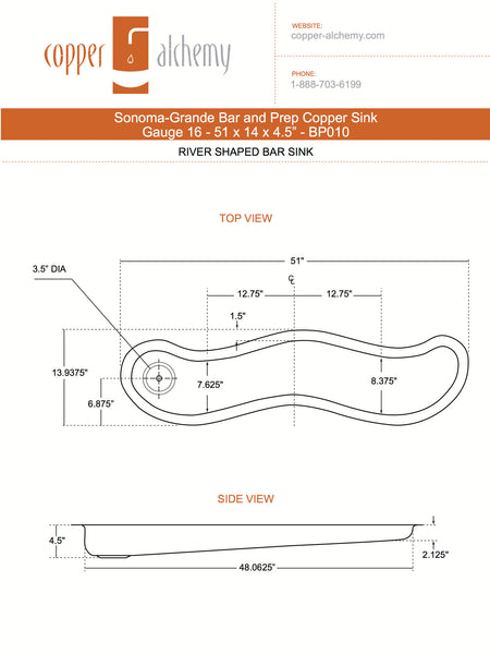 SONOMA GRANDE | River Shape Under Mount Bar Copper Sink with 1.5" Rim - 51 x 14 x 4.5" - Gauge 16 - COPPER ALCHEMY