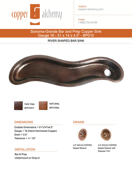 SONOMA GRANDE | River Shape Under Mount Bar Copper Sink with 1.5" Rim - 51 x 14 x 4.5" - Gauge 16 - COPPER ALCHEMY