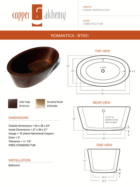 ROMANTICA | Oval Double Wall Free Standing Copper Bathtub  64 x 36 x 24" - BT001CV - COPPER ALCHEMY