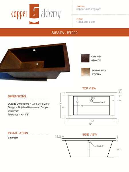 SIESTA | Drop in Rectangular Copper Bathtub 72 x 36 x 22.5" - BT002CV - COPPER ALCHEMY