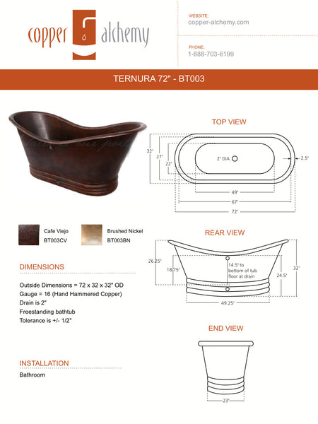 TERNURA LARGE in Cafe Viejo - BT003CV - Free Standing Slipper Copper Bathtub 72 x 32 x 32" - COPPER ALCHEMY