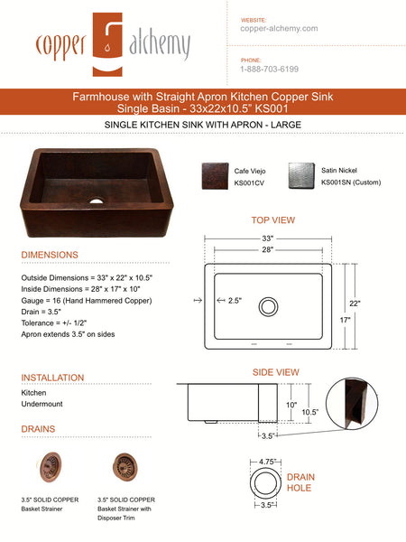 Farmhouse with Straight Apron Kitchen Copper Sink - Single Basin - 33 x 22 x 10.5" - KS001CV - COPPER ALCHEMY