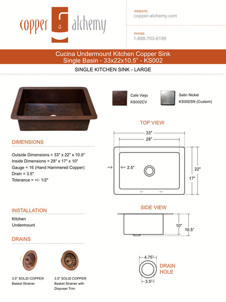 Cocina Undermount Kitchen Copper Sink - Single Basin - 33 x 22 x 10.5" - KS002CV - COPPER ALCHEMY