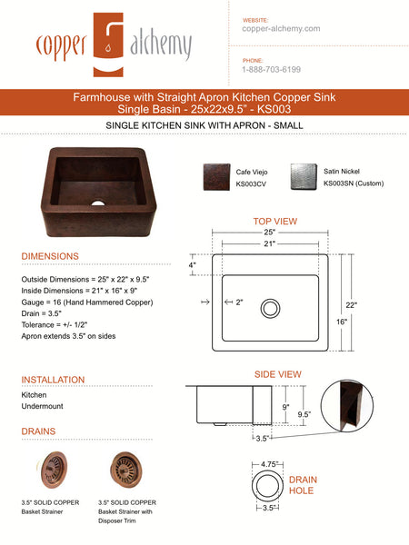 Farmhouse Chico with Straight Apron Kitchen Copper Sink - Single Basin - 25 x 22 x 9.5" - KS003CV - COPPER ALCHEMY