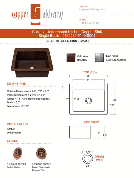 Cocinita Undermount Kitchen Copper Sink - Single Basin - 25 x 22 x 9.5" - KS004CV - COPPER ALCHEMY