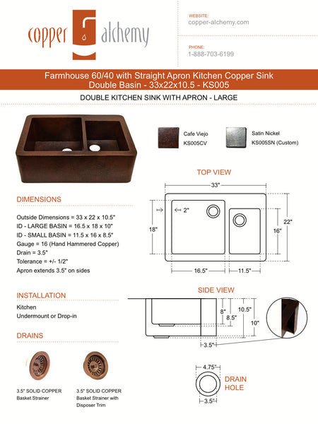Farmhouse 60/40 with Straight Apron Kitchen Copper Sink - Double Basin - 33 x 22 x 10.5" - KS005CV - COPPER ALCHEMY