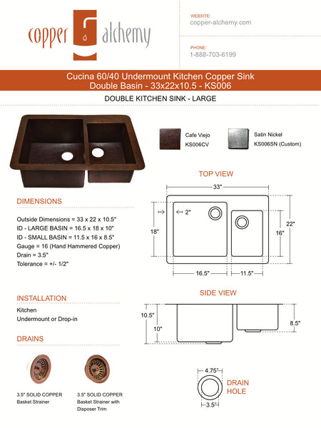 Cocina 60/40 Undermount Kitchen Copper Sink - Double Basin - 33 x 22 x 10.5" - KS006CV - COPPER ALCHEMY