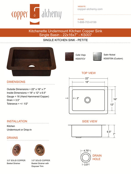 Kitchenette Undermount Kitchen Copper Sink - Single Basin - 22 x 16 x 7" - KS007CV - COPPER ALCHEMY