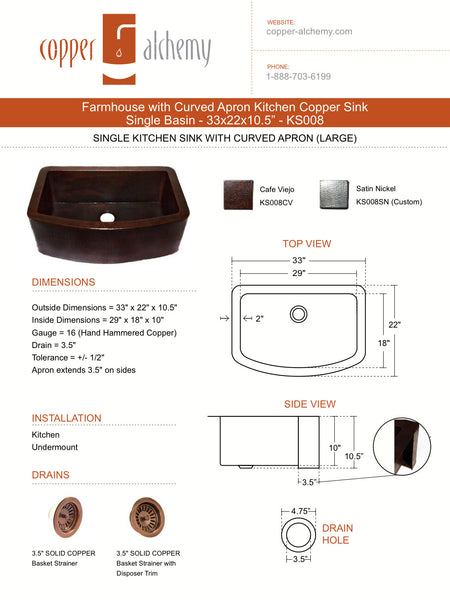 Farmhouse with Curved Apron Kitchen Copper Sink - Single Basin - 33 x 22 x 10.5" - KS008CV - COPPER ALCHEMY