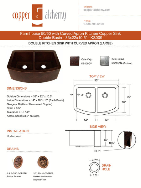 Farmhouse 50/50 with Curved Apron Kitchen Copper Sink - Double Basin - 33 x 22 x 10.5" - KS009CV - COPPER ALCHEMY