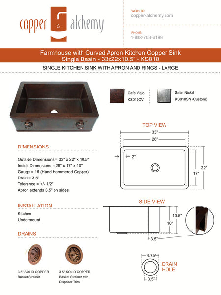 Farmhouse with Straight Apron Kitchen Copper Sink with Rings - Single Basin - 33 x 22 x 10.5" - KS010CV - COPPER ALCHEMY
