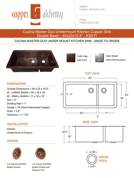 Cocina Master Duo Undermount Kitchen Copper Sink - Double Basin - 40 x 22 x 10.5" - KS011CV - COPPER ALCHEMY