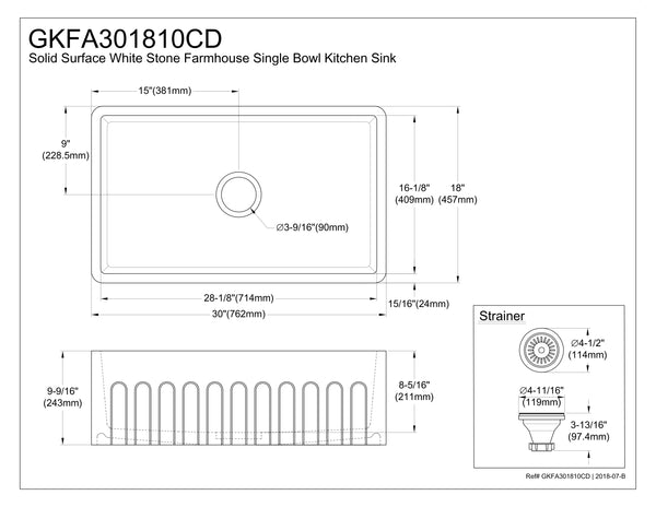 Solid Surface White Stone Apron Front Farmhouse Single Bowl Kitchen Sink 30 x 18 x 10" with Apron Design - KSGKFA301810CD - COPPER ALCHEMY