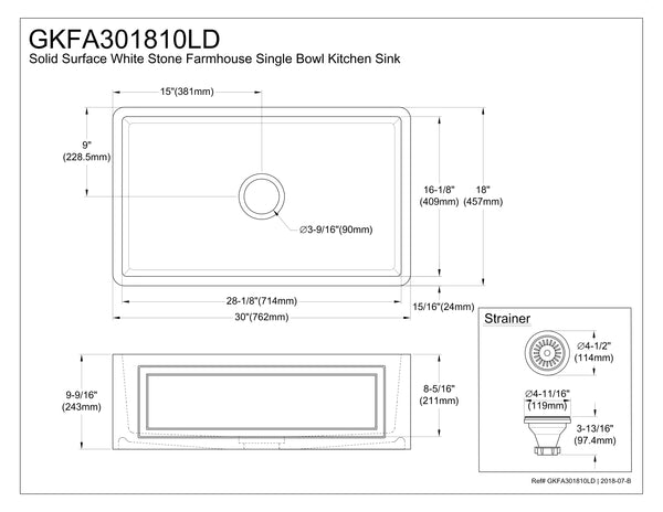 Solid Surface White Stone Apron Front Farmhouse Single Bowl Kitchen Sink 30 x 18 x 10" with Apron Design - KSGKFA301810LD - COPPER ALCHEMY