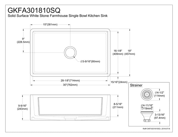 Solid Surface White Stone Apron Front Farmhouse Single Bowl Kitchen Sink 30 x 18 x 10" with Apron Design - KSGKFA301810SQ - COPPER ALCHEMY