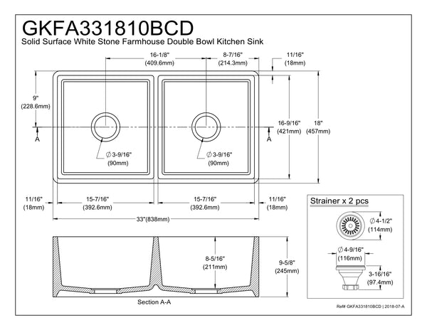 Solid Surface White Stone Apron Front Farmhouse Double Bowl Kitchen Sink 33 x 18 x 10" with Apron Design KSGKFA331810SQD - COPPER ALCHEMY