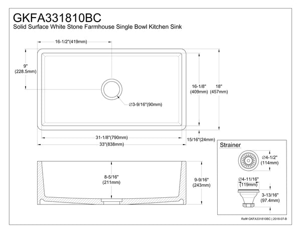 Solid Surface White Stone Apron Front Farmhouse Single Bowl Kitchen Sink 33 x 18 x 10"- KSGKFA331810BC - COPPER ALCHEMY