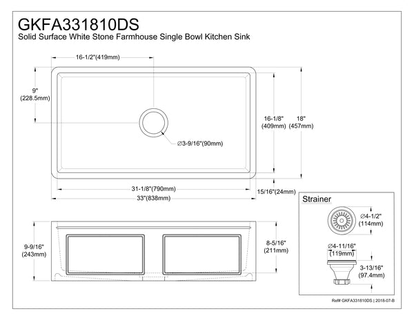 Solid Surface White Stone Apron Front Farmhouse Single Bowl Kitchen Sink 33 x 18 x 10" with Apron Design - KSGKFA331810DS - COPPER ALCHEMY