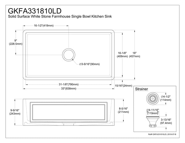 Solid Surface White Stone Apron Front Farmhouse Single Bowl Kitchen Sink 33 x 18 x 10" with Apron Design - KSGKFA331810LD - COPPER ALCHEMY