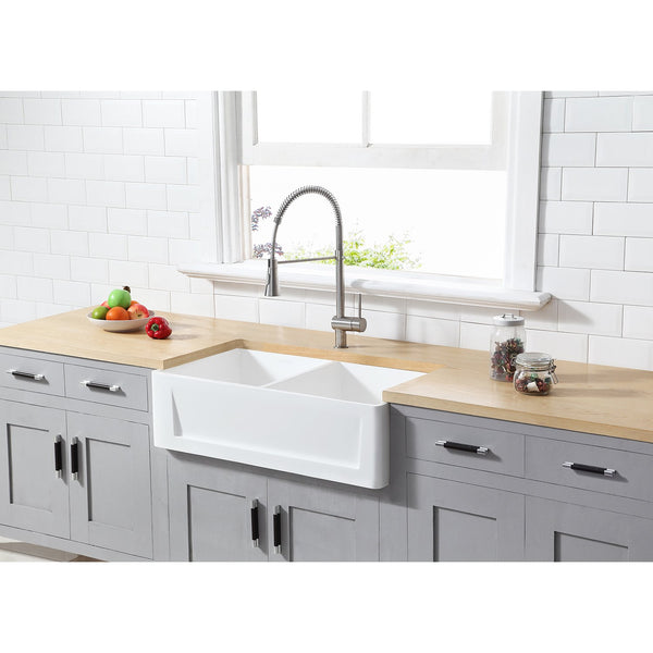 Solid Surface White Stone Apron Front Farmhouse Double Bowl Kitchen Sink 33 x 18 x 10" with Apron Design KSGKFA331810SQD - COPPER ALCHEMY