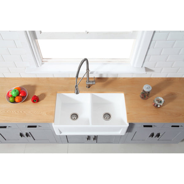 Solid Surface White Stone Apron Front Farmhouse Double Bowl Kitchen Sink 33 x 18 x 10" with Apron Design KSGKFA331810SQD - COPPER ALCHEMY