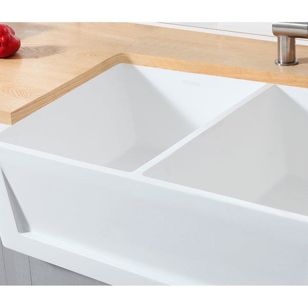 Solid Surface White Stone Apron Front Farmhouse Double Bowl Kitchen Sink 36 x 18 x 10"-  KSGKFA361810SQD - COPPER ALCHEMY