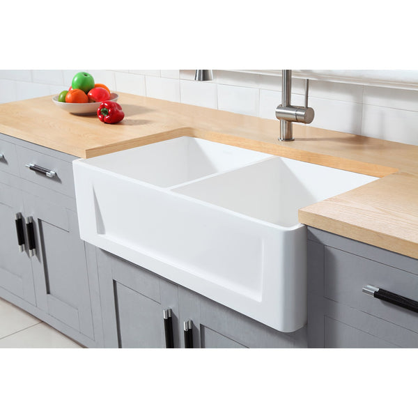 Solid Surface White Stone Apron Front Farmhouse Double Bowl Kitchen Sink 36 x 18 x 10"-  KSGKFA361810SQD - COPPER ALCHEMY