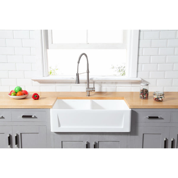 Solid Surface White Stone Apron Front Farmhouse Double Bowl Kitchen Sink 36 x 18 x 10"-  KSGKFA361810SQD - COPPER ALCHEMY