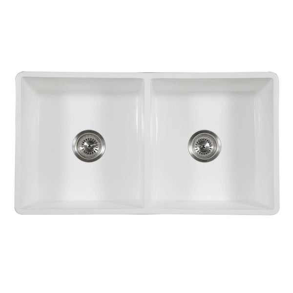 Solid Surface White Stone Apron Front Farmhouse Double Bowl Kitchen Sink 36 x 18 x 10"-  KSGKFA361810SQD - COPPER ALCHEMY