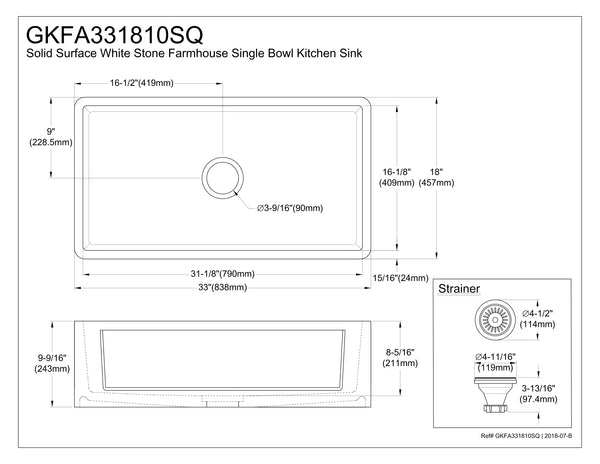 Solid Surface White Stone Apron Front Farmhouse Single Bowl Kitchen Sink 33 x 18 x 10" with Apron Design - KSGKFA331810SQ - COPPER ALCHEMY