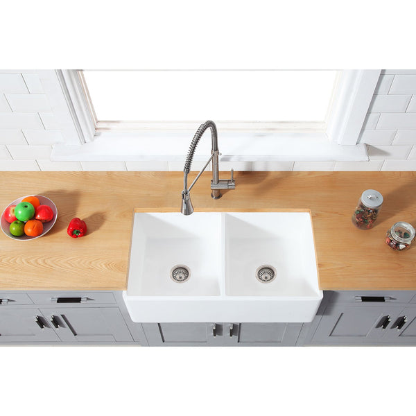 Solid Surface White Stone Apron Front Farmhouse Double Bowl Kitchen Sink 33 x 18 x 10" - KSGKFA331810BCD - COPPER ALCHEMY