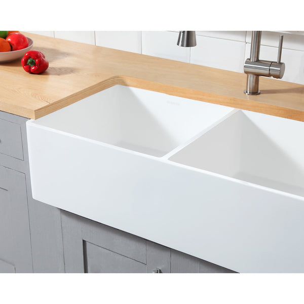 Solid Surface White Stone Apron Front Farmhouse Double Bowl Kitchen Sink 33 x 18 x 10" - KSGKFA331810BCD - COPPER ALCHEMY