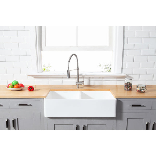 Solid Surface White Stone Apron Front Farmhouse Double Bowl Kitchen Sink 33 x 18 x 10" - KSGKFA331810BCD - COPPER ALCHEMY