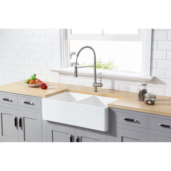 Solid Surface White Stone Apron Front Farmhouse Double Bowl Kitchen Sink 36 x 18 x 10" with Apron Design - KSGKFA361810BCD - COPPER ALCHEMY