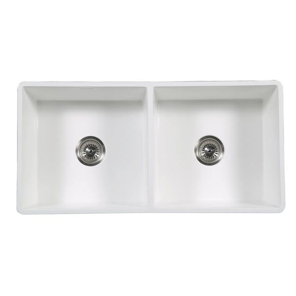Solid Surface White Stone Apron Front Farmhouse Double Bowl Kitchen Sink 33 x 18 x 10" - KSGKFA331810BCD - COPPER ALCHEMY