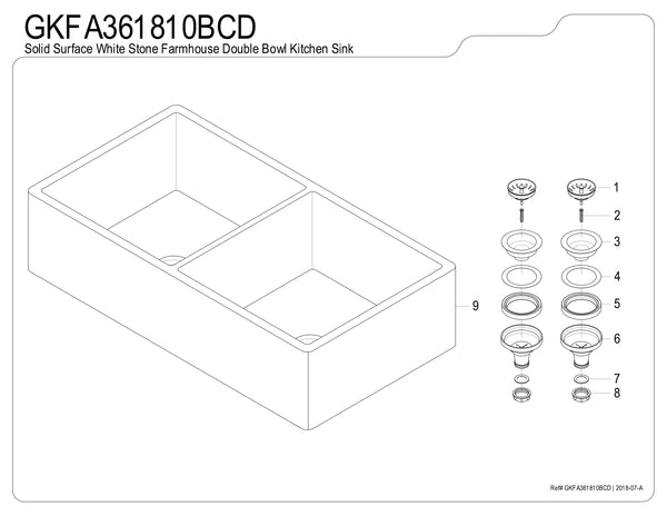 Solid Surface White Stone Apron Front Farmhouse Double Bowl Kitchen Sink 36 x 18 x 10" with Apron Design - KSGKFA361810BCD - COPPER ALCHEMY