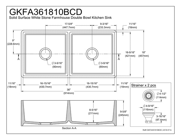 Solid Surface White Stone Apron Front Farmhouse Double Bowl Kitchen Sink 36 x 18 x 10" with Apron Design - KSGKFA361810BCD - COPPER ALCHEMY