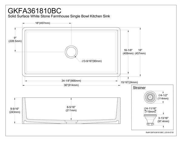 Solid Surface White Stone Apron Front Farmhouse Single Bowl Kitchen Sink 36 x 18 x 10"- KSGKFA361810BC - COPPER ALCHEMY