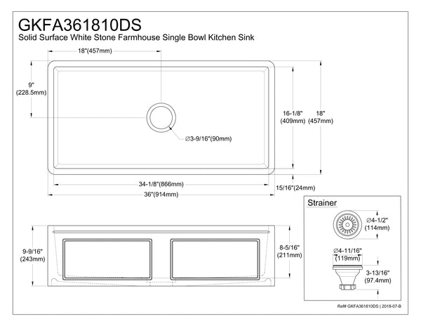 Solid Surface White Stone Apron Front Farmhouse Single Bowl Kitchen Sink 36 x 18 x 10" with Apron Design - KSGKFA361810DS - COPPER ALCHEMY
