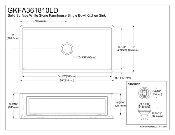 Solid Surface White Stone Apron Front Farmhouse Single Bowl Kitchen Sink  36 x 18 x 10" with Apron Design - KSGKFA361810LD - COPPER ALCHEMY