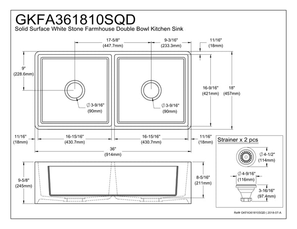 Solid Surface White Stone Apron Front Farmhouse Double Bowl Kitchen Sink 36 x 18 x 10"-  KSGKFA361810SQD - COPPER ALCHEMY