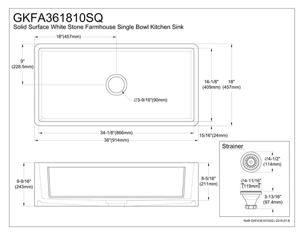 Solid Surface White Stone Apron Front Farmhouse Single Bowl Kitchen Sink 36 x 18 x 10" with Apron Design - KSGKFA361810SQ - COPPER ALCHEMY